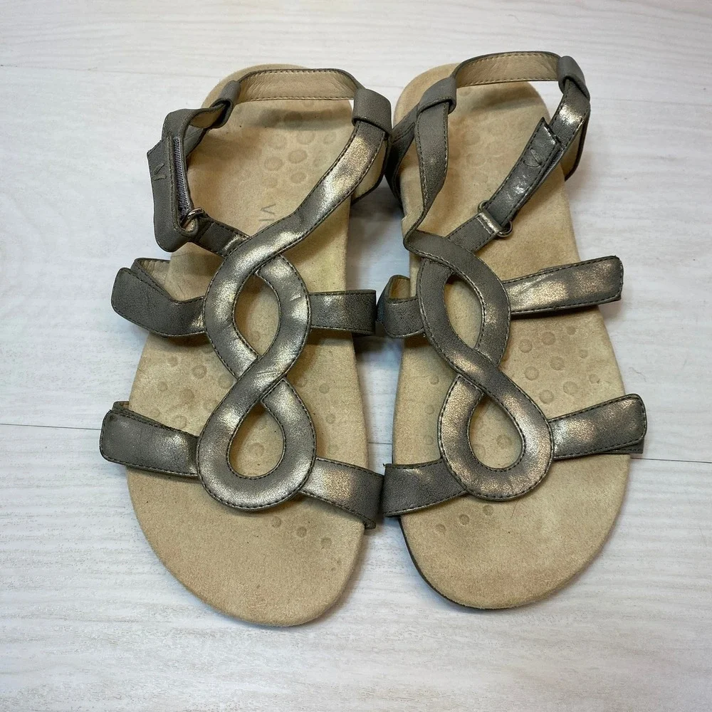 Vionic Womens 10 Wide Jodie Strappy Sandal Orthotic Pewter Metallic Leather Flat